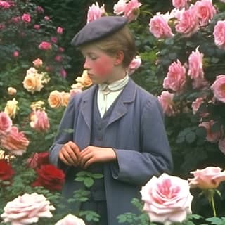 grainy movie footage edwardian boy pondering in a lush rose garden mid action home video