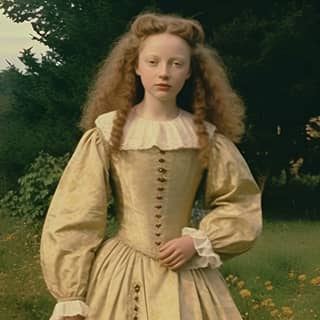 grainy movie footage young elizabeth I in tudor clothing walking her puppy in the garden mid action vhs footage