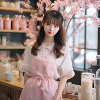 A lovely and sweet 20-year-old Asian girl wearing a pink apron Standing in the milk tea shop There are many crystal cups in