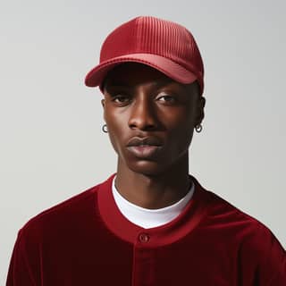 man wearing ribbed velour baseball cap, in a red baseball cap and jacket