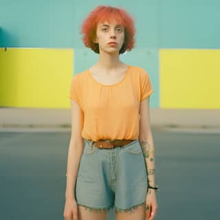 Fotografia em cores de médio formato de uma mulher de 22 anos chamada Lucy, com cabelos curtos, olhos claros, lábios cheios e penteado único, em pé na frente de um prédio colorido e em um estacionamento.