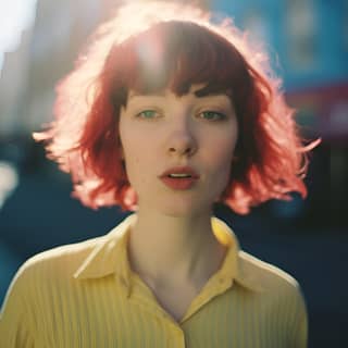 Fotografia de médio formato de uma garota de 22 anos chamada Lucy, com cabelos curtos, olhos claros, lábios cheios e um estilo cabelo punk. Ela está com um sorriso no rosto e caminhando com um olhar fofo e inocente.