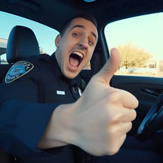 realistic GoPro selfie of a smiling handsome massive police officer flexing his arms in the at a traffic stop with a suspect