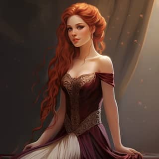 red haired girl braid shy smile elegant dress, red haired woman in a dress