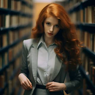 a redhead woman walking down a library shelf with a book on it in the style of zeiss batis 18mm f/2 8 laura makabresku