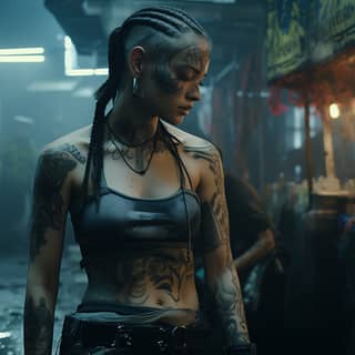 Cyberpunk 2077'den ekran görüntüsü, 30'lu yaşlarında, yoğun bir pazarda bir yiyecek standında duran ağır şekilde modifiye edilmiş, ağır dövmeli bir kadını tasvir ediyor.