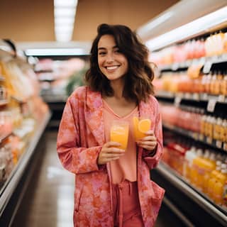 Una mujer sonriente con pijama floral rosa está parada en una tienda de abarrotes sosteniendo un vaso de jugo de naranja.