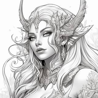 sous format coloriage Dark Elf female, a drawing of with horns and horns