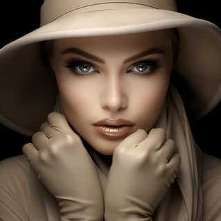 Una donna elegante e di classe in cappello e guanti color taupe posa per una foto con elementi di qualità superiore per enfatizzare i dettagli.