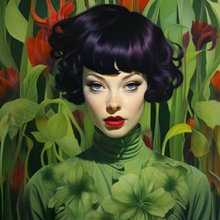 a tattooed straight light short hair smiling woman in a carnivorous plants vivid green desertwave area tropical orchid