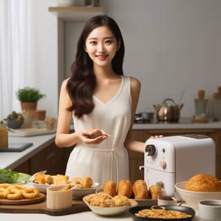 the light is very bright Asian girl holding a small cake in her right hand On the front table there are small air fryers and