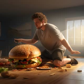 A 25-year-old athletic male enjoys the absurd size of his cheeseburger which overwhelmed even the smallest of Hobbits AMOLED