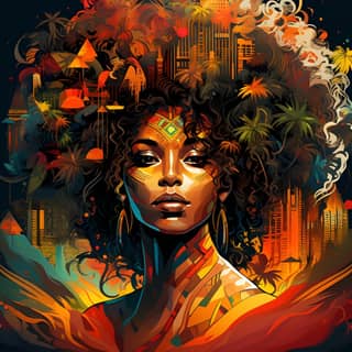 Graphisme vectoriel mettant en vedette des couleurs de Noël complexes et la culture africaine, avec une coiffure afro et une vue sur la ville.