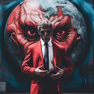 Demon of finance holds planet earth street style graffiti, in a suit and tie standing in front of a mural