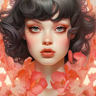 Ilustração detalhada do retrato de Mila Kunis com cabelos pretos e flores no cabelo, vestindo um vestido florido e situado contra um fundo rosa por Alphonse Mucha, Alex Gross e Hsiao-Ron Cheng.