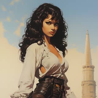 Femme Fatale Venice Beach Art by Frank Frazetta, in leather pants sitting on a ledge