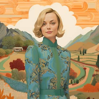 Gustave Baumann Phyllis Shafer paisaje estilo arte de Tory Burch que representa a Margot Robbie con un vestido azul parada frente a una montaña y un valle.