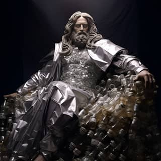 Zeus wearing cape made of aluminum foil sitting on thousands scattered pvc large bottles of wine