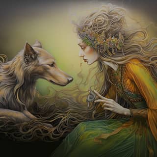 an old rabbit elf with colorful long long ears sharing cookies with her beautiful irish wolfhound realistic yet ethereal