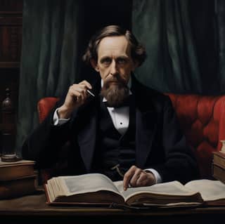 L'auteur Charles Dickens est assis à un bureau avec des livres et une pipe.