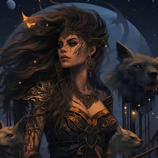 beautiful woman in ancient greek clothing long messy hair warrior armor tattoos and cryptic symbols on her christmas
