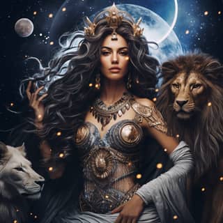beautiful woman in ancient greek clothing long messy hair warrior armor tattoos and cryptic symbols on her christmas