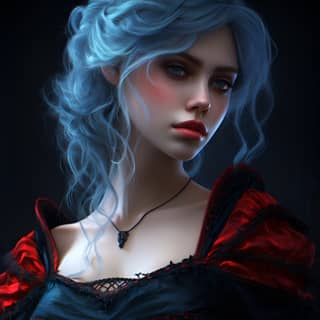 blue hair character portrait in the style of eve ventrue vray light black and red detailed costumes alayna lemmer guillaume