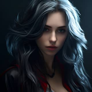 darkhaired girl with long silver hair in the style of realism with fantasy elements dark cyan and dark crimson devilcore