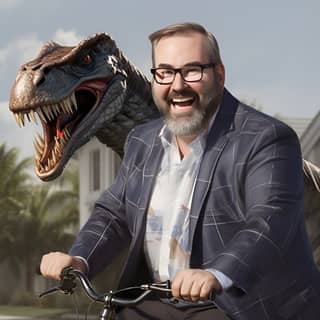 draw an exact copy of this man riding a velociraptor and charging a senior living community