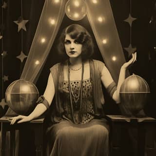 a female fortune teller on a wooden stage vintage sepia-toned photography 1920s nocturnal glamor sinister freakshow sideshow