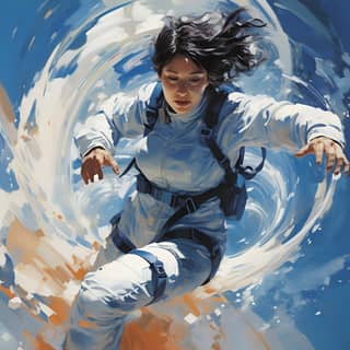 full body woman in spacesuit painted action blue and white swooshes zooms fast movement elliptic curve Homogeneous dispersion