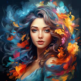 Ilustración de arte digital de una mujer con cabello colorido e imágenes simbólicas