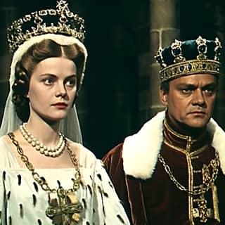 grainy movie footage young tudor prince and princess are being crowned coronation in castle medieval clothing historical mid