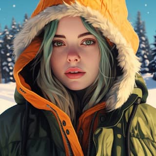 Stile supereroe iperrealistico dei fumetti degli anni '70 di Billie Eilish in uno scenario natalizio in formato cartolina, con una ragazza dai capelli blu e giacca verde nella neve.