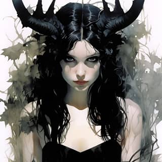 illustration by Adam Hughes Goth elf goddess, with horns on her head and a black dress