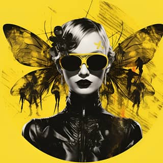 Vinyl kapak sanatında giallo estetiği taşıyan güneş gözlüğü ve kelebek başlığı takan böcek punk femme fatale.