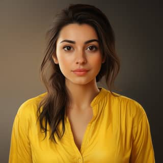 Une belle femme pakistanaise d'âge moyen avec un visage rond portant un haut jaune et un pantalon noir.