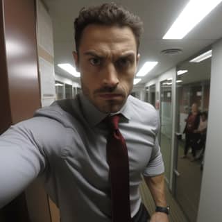 pov a muscular guy in an office tries to scare you