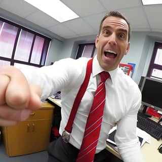 Selfie realista de GoPro de un sonriente y musculoso director de secundaria flexionando sus brazos en su oficina con luz natural, vistiendo una corbata roja y una camisa blanca.