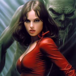 in red dress standing next to a demon