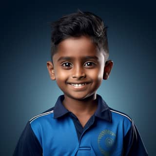 Indian Cricketer Surya Kumar Yadav as a kid in cricket gear studio photography smiling 50mm