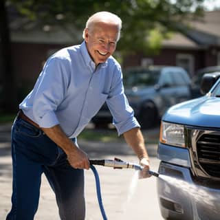 Joe Biden wearing light blue shirt and jeans spraying car with hose