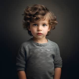 calm toddler boy photo portrait, boy with curly hair standing in front of a black background