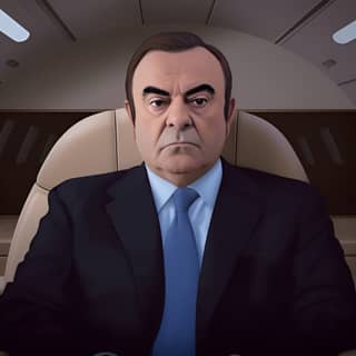 carlos ghosn, in a suit sitting in an airplane