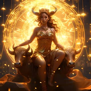 a floating golden blockchain rendered in a female Taurus zodiac sign artgem