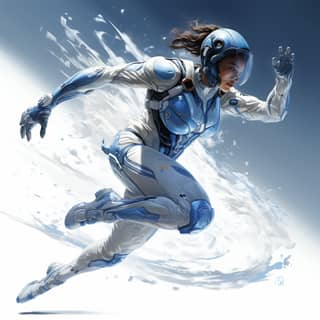 Uma mulher em um traje espacial futurístico é representada em movimento rápido com traços azuis e brancos, transmitindo uma sensação de movimento e dinamismo.