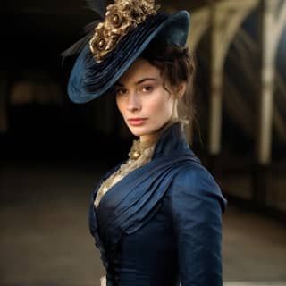 keiria knightley gilded age sapphire blue victorian at a train station confidant photorealisti luxury fancy wearing a