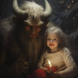 krampus with a little girl happy christmas ancient greece celebration stoicism philosophy diverse crowd animals people