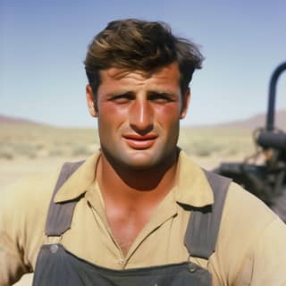 Un agricoltore di razza scura nello stile della classica fotografia della Farm Security Administration dagli anni '30 agli anni '60 in piedi in tuta nel deserto.