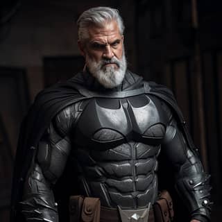 50s muscular guy in a heavy full batman outfit with grey beard